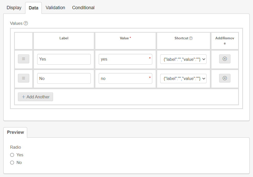 Data tab with multiple options