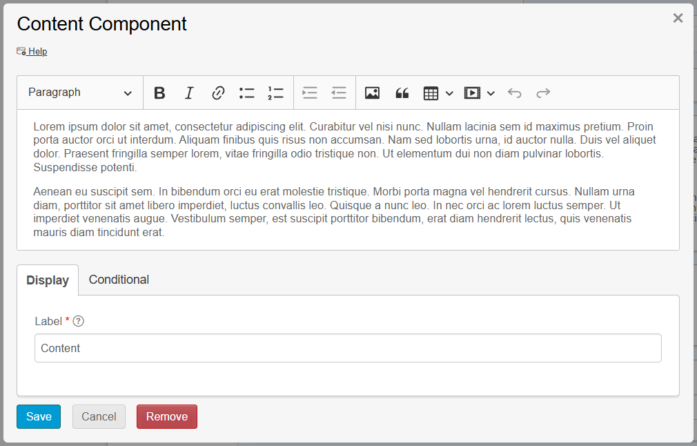 Content component in the builder
