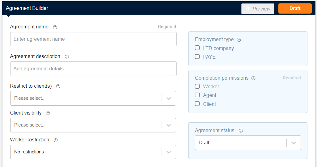 Agreement settings fields
