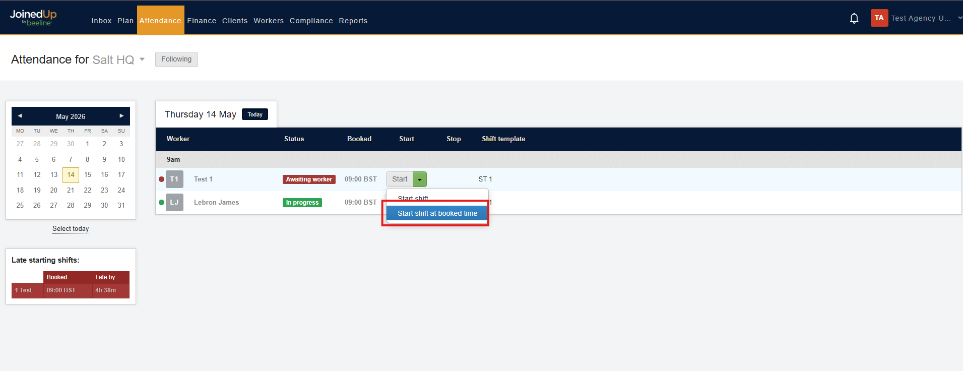Start shift at booked time option