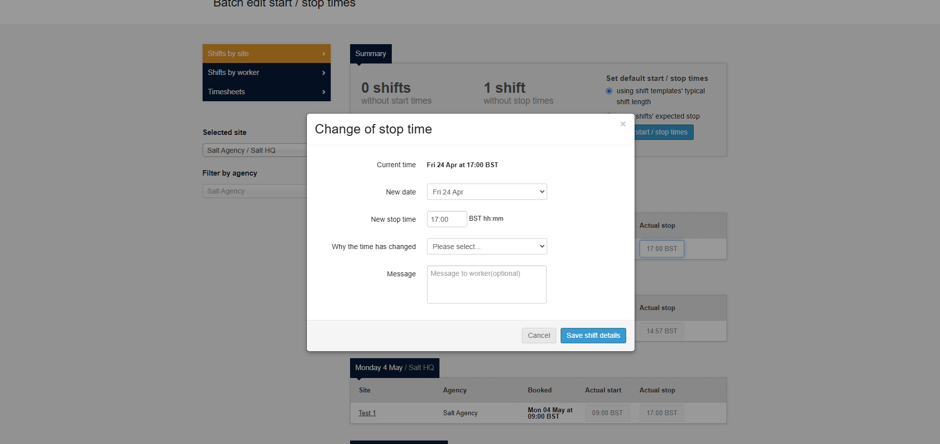 Stop time edit modal