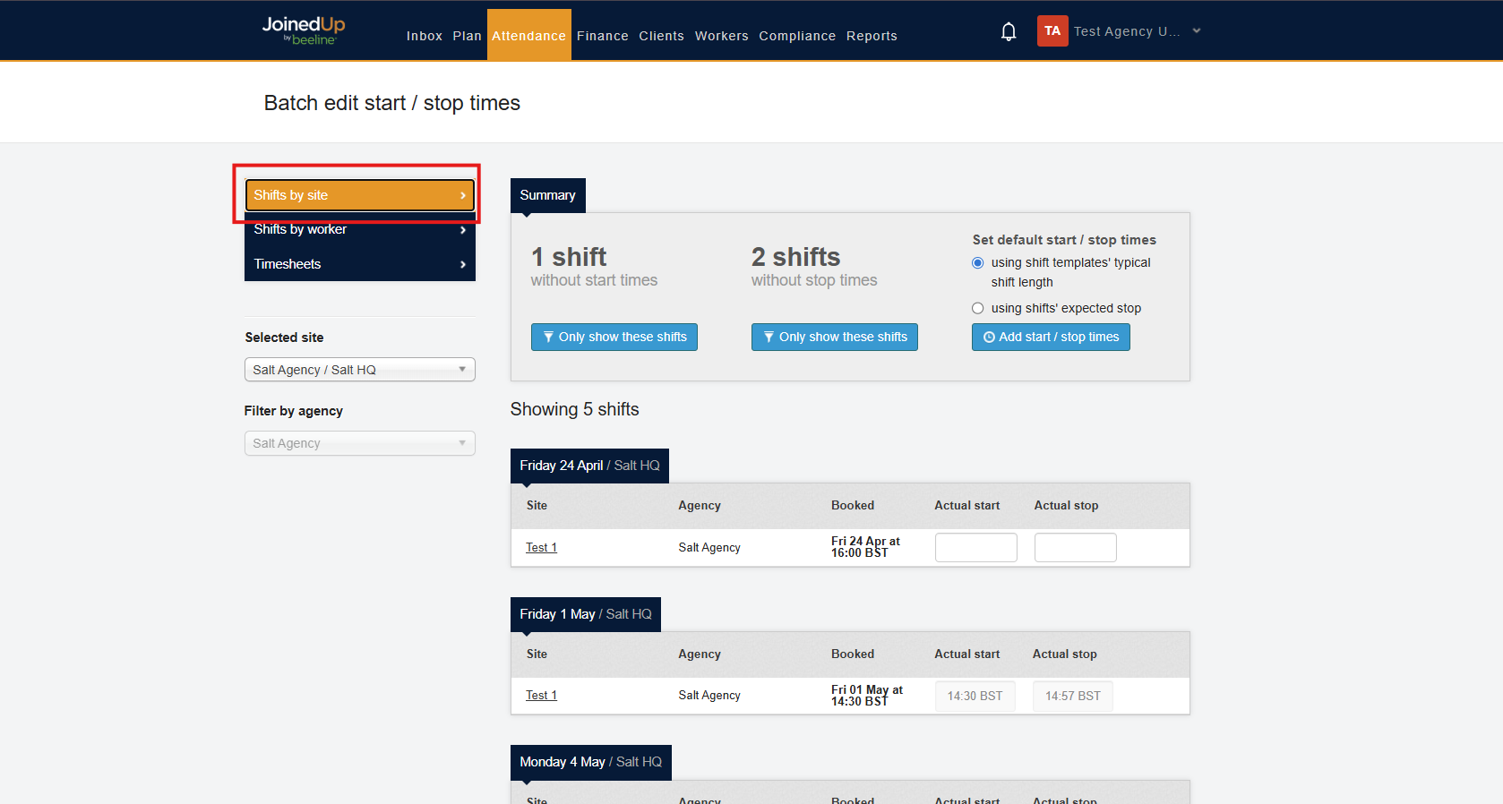 Shifts by Site tab