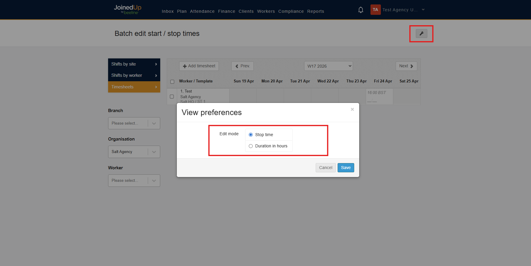 Timesheet edit mode selection