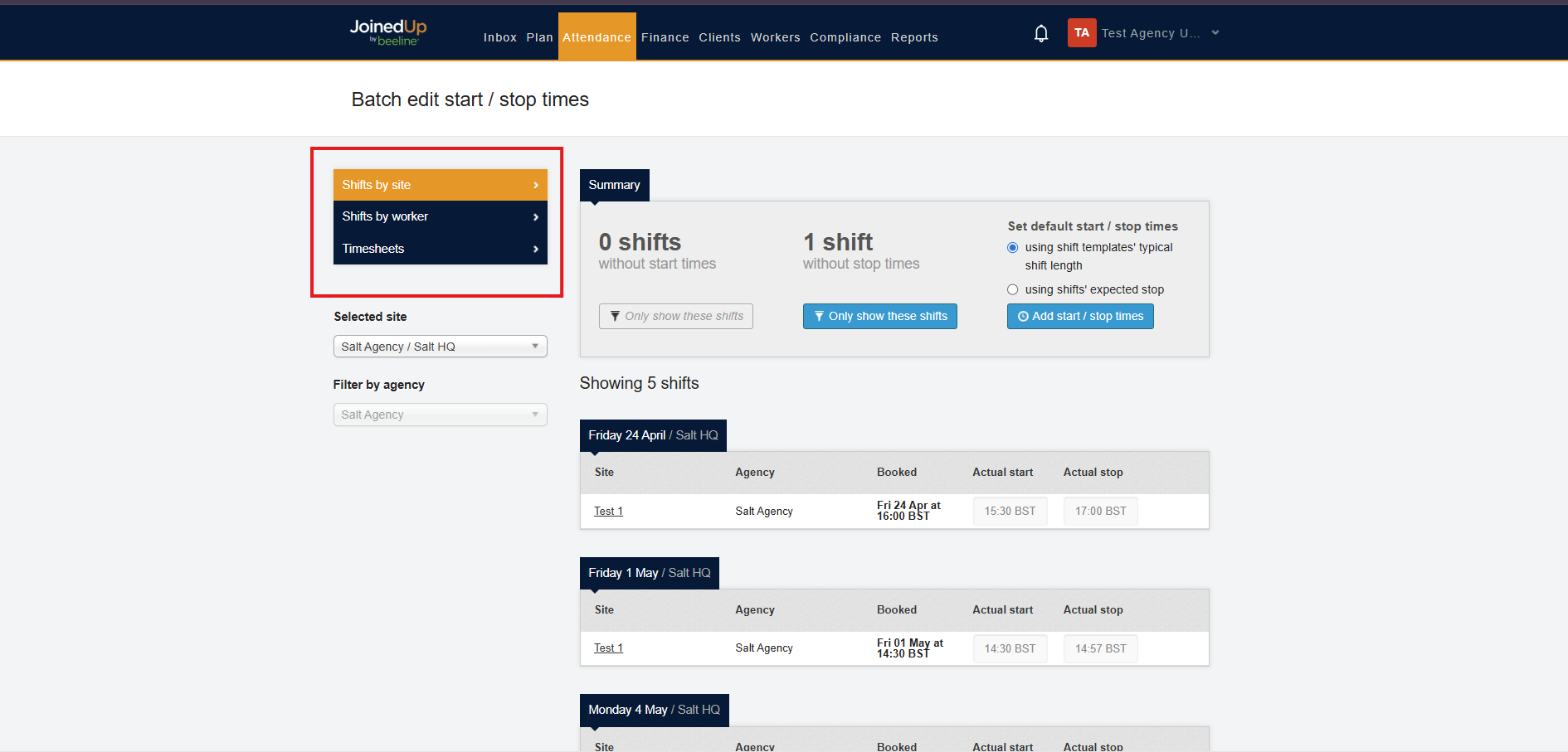 Batch edit start stop times screen