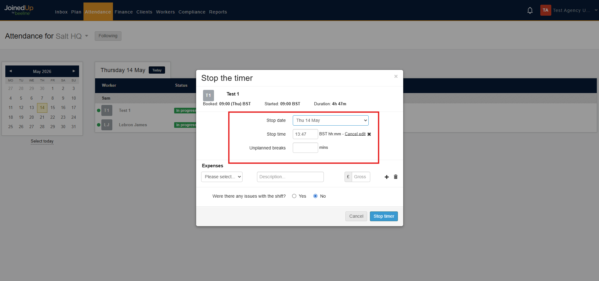 Stop shift modal with breaks and expenses
