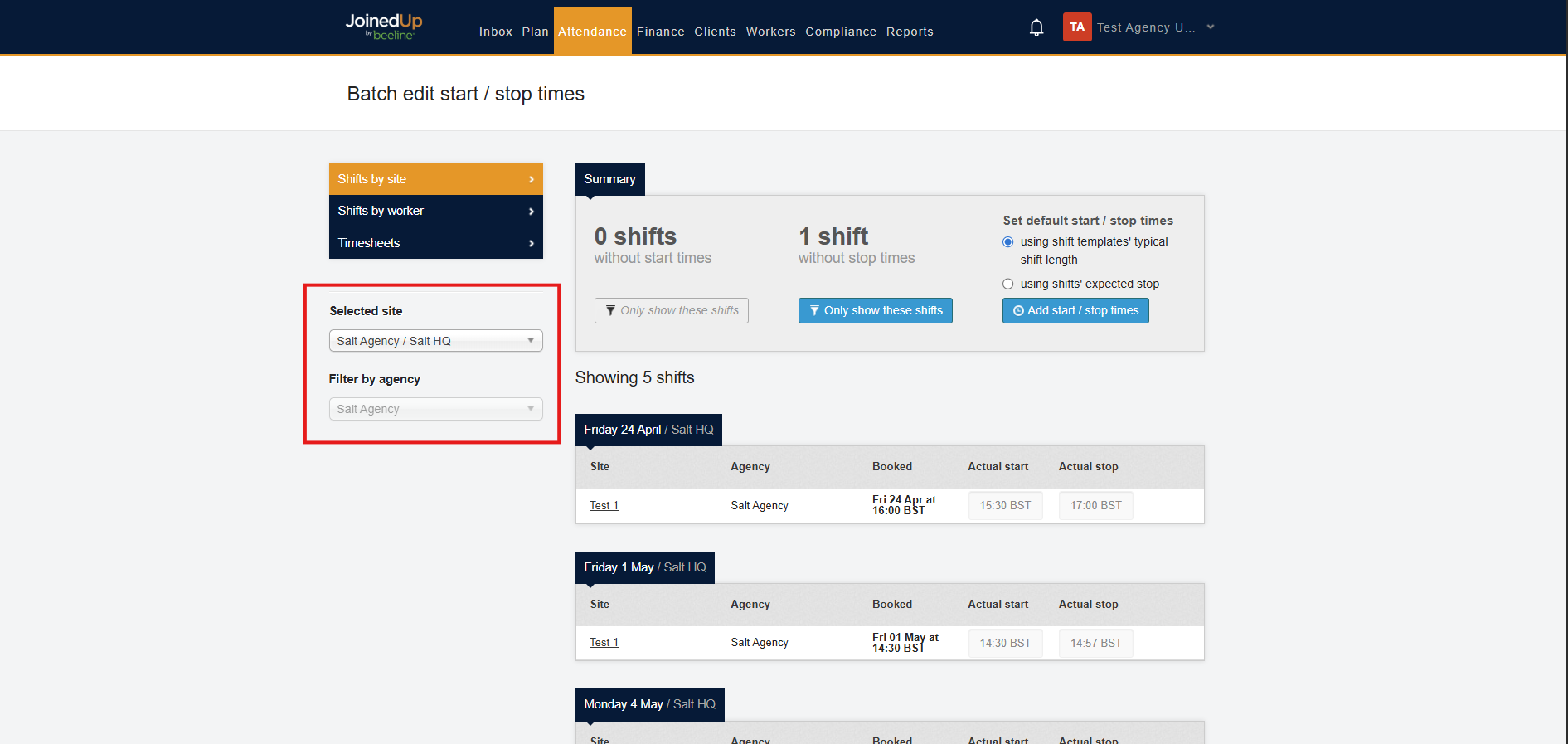 Site and agency filters