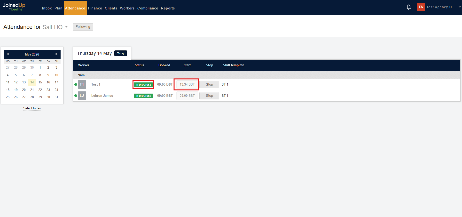 Shift in progress with actual start time