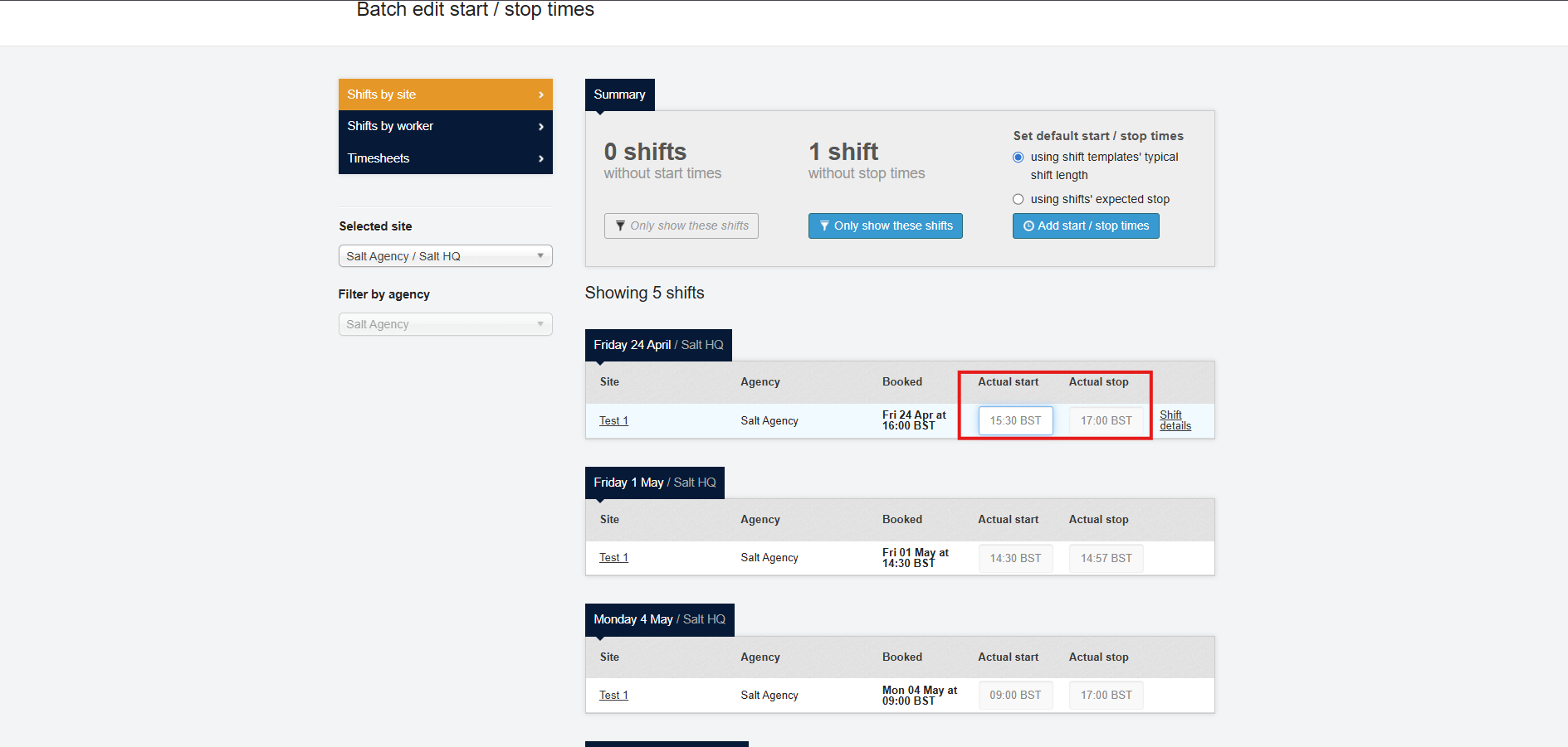 Editing existing start and stop times