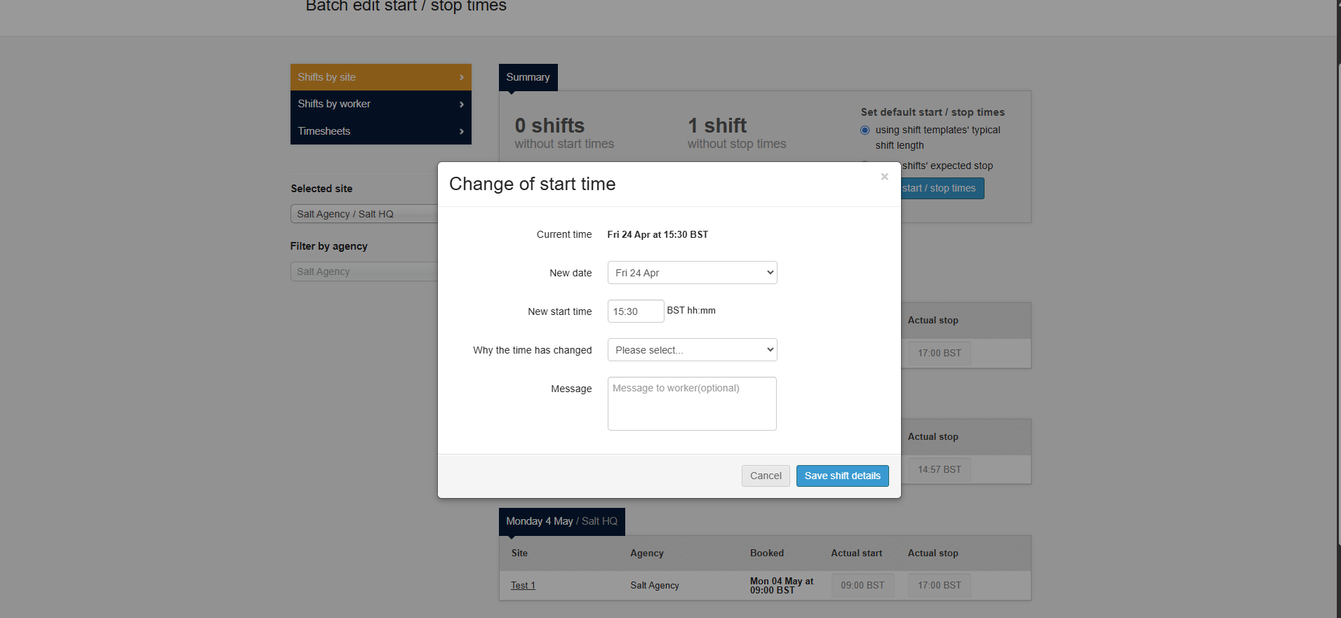 Edit shift details modal