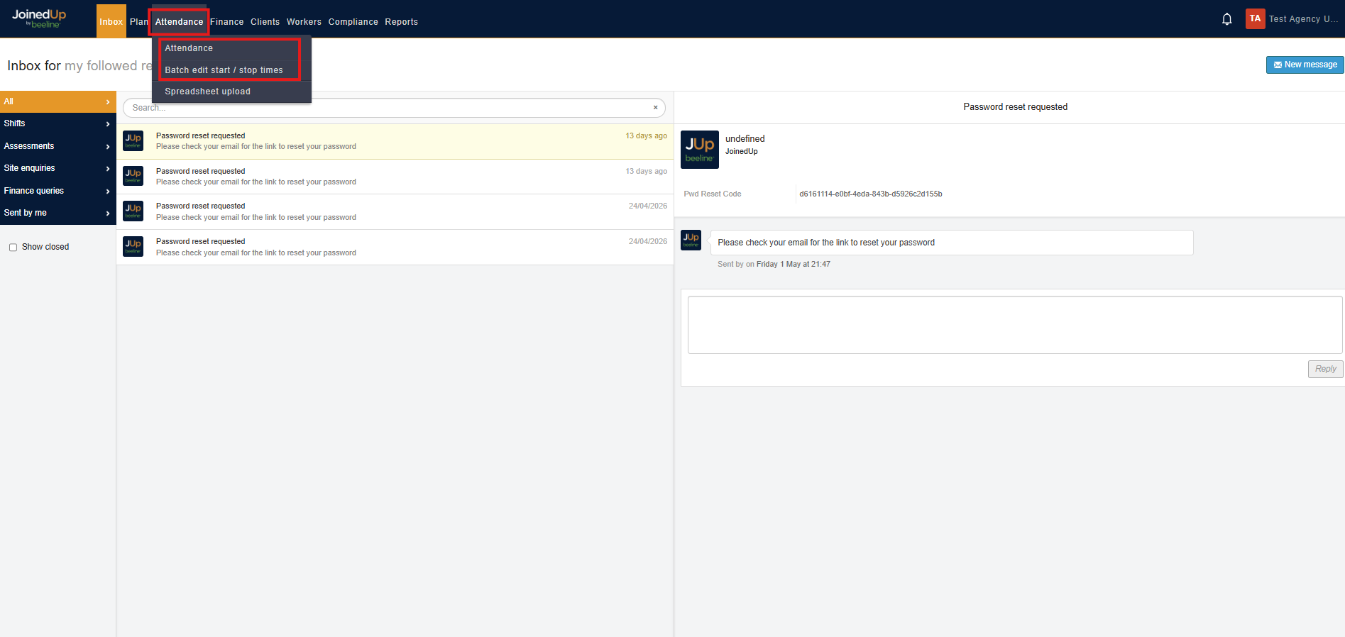 Attendance tab in the top navigation