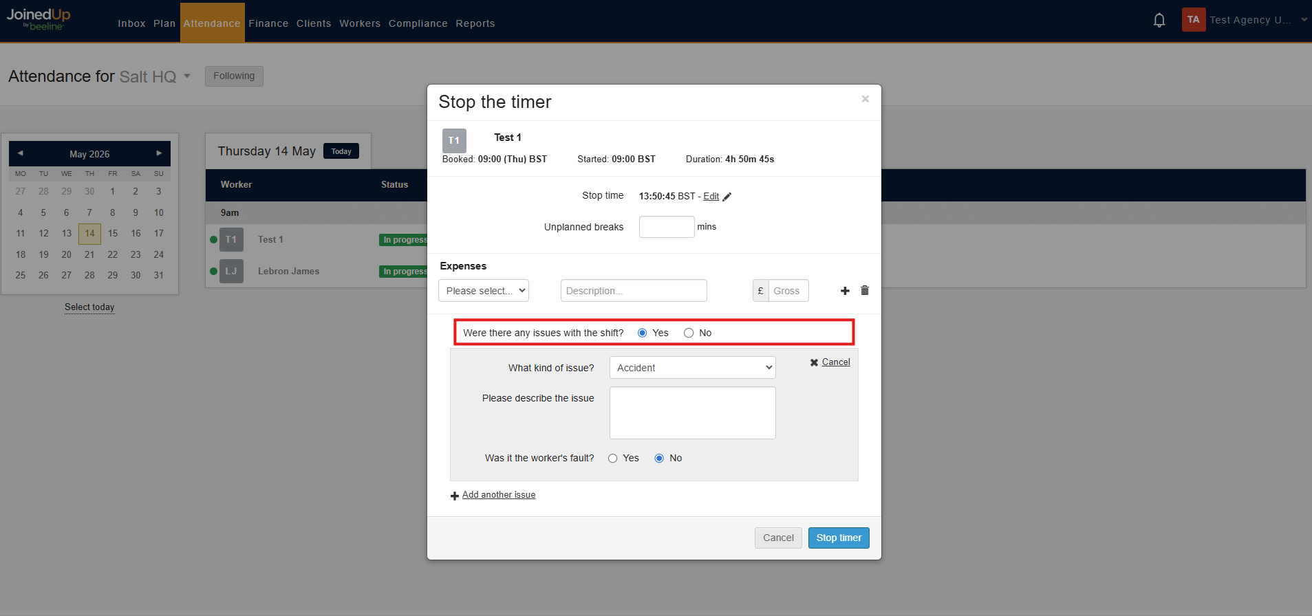 Shift issues option in stop modal