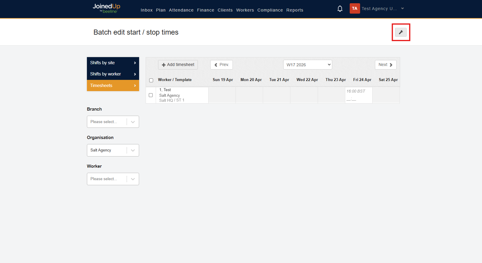 Tools icon on timesheets screen