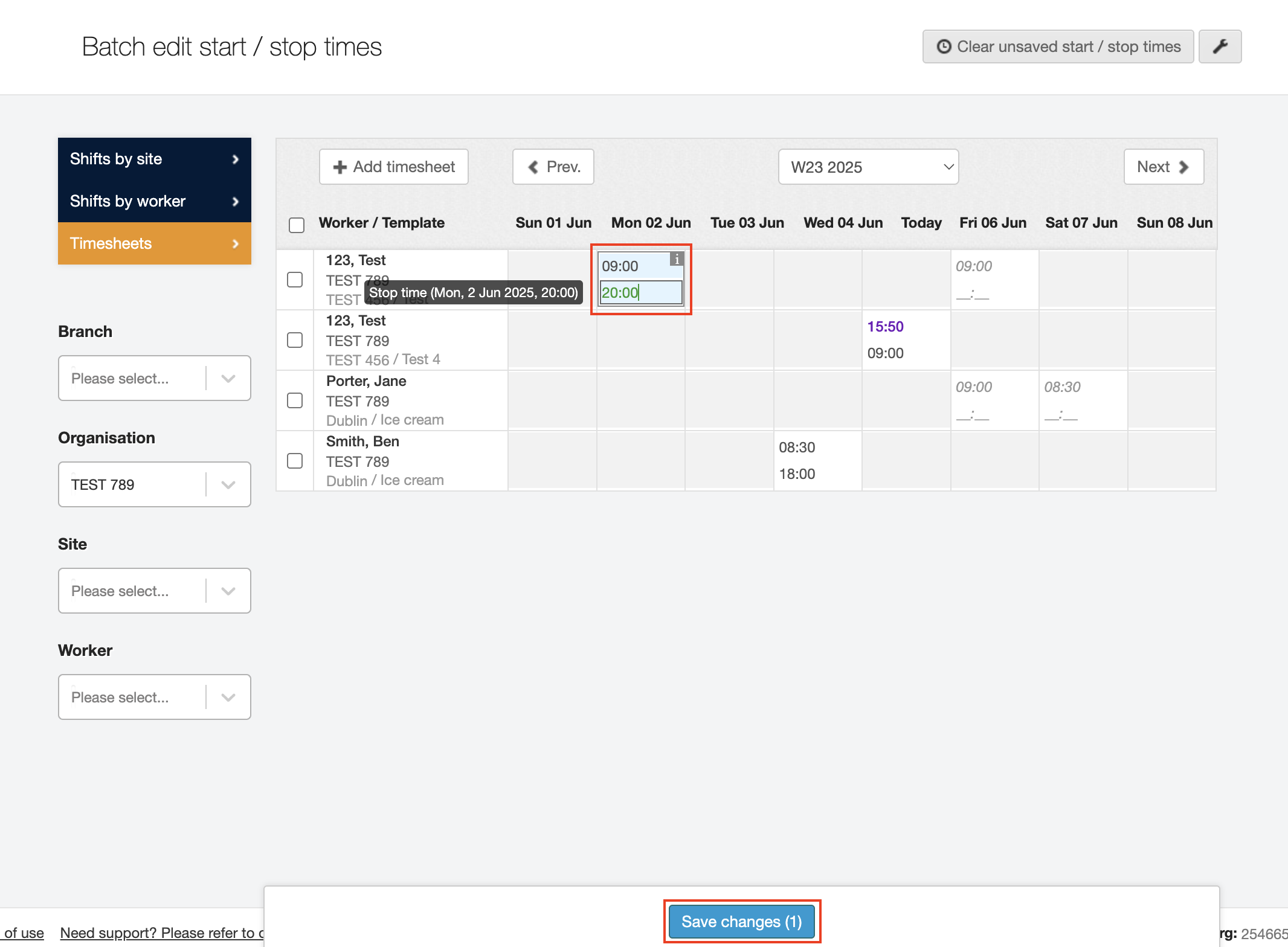 batch edit start stop times by timesheet 7