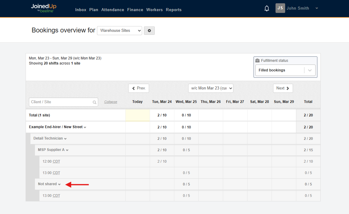 Not Shared view showing pending shifts