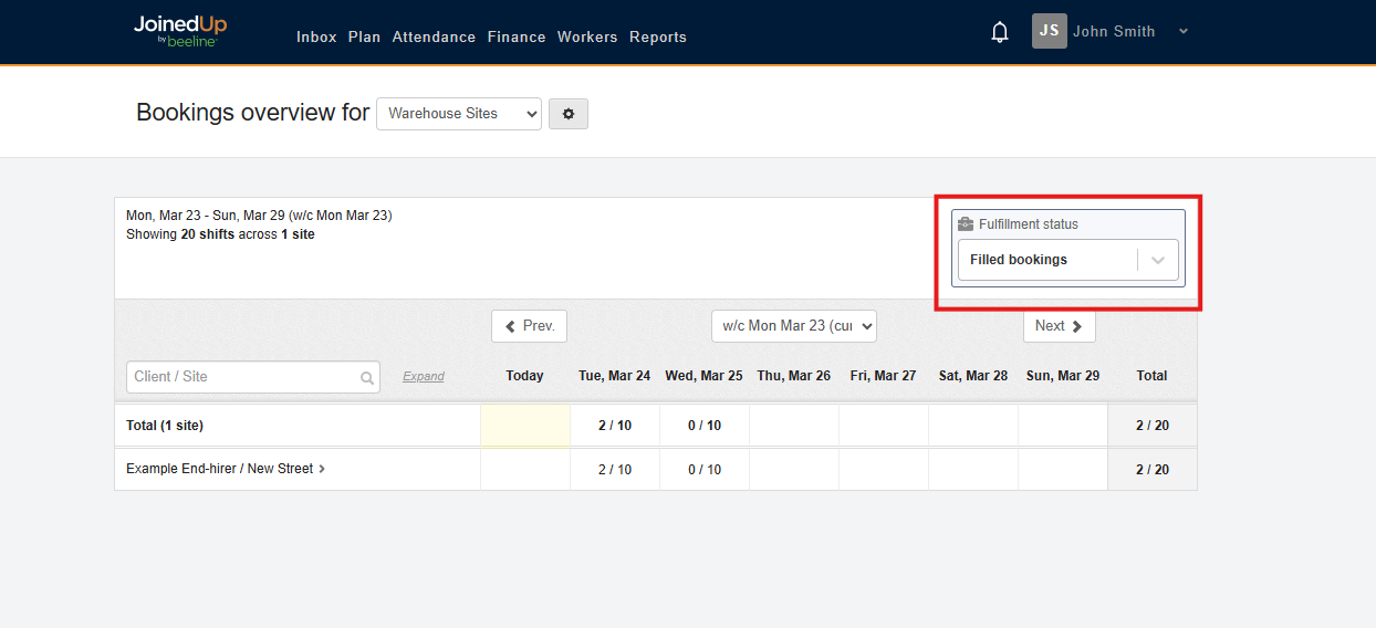 Fulfilment Status filter showing Unfilled view