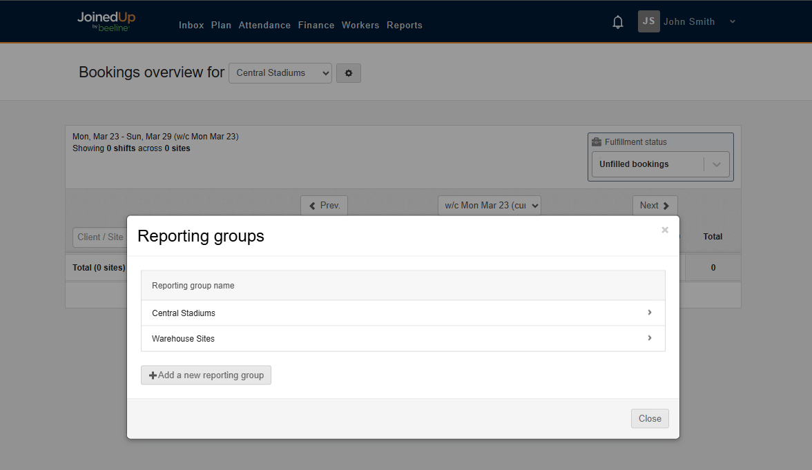 Modal showing option to add a new reporting group