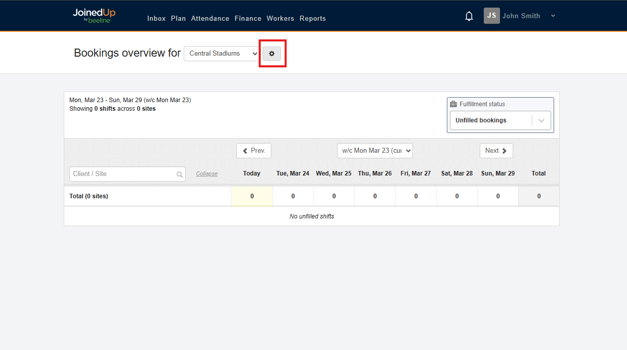 Settings gear icon on the Bookings Overview screen