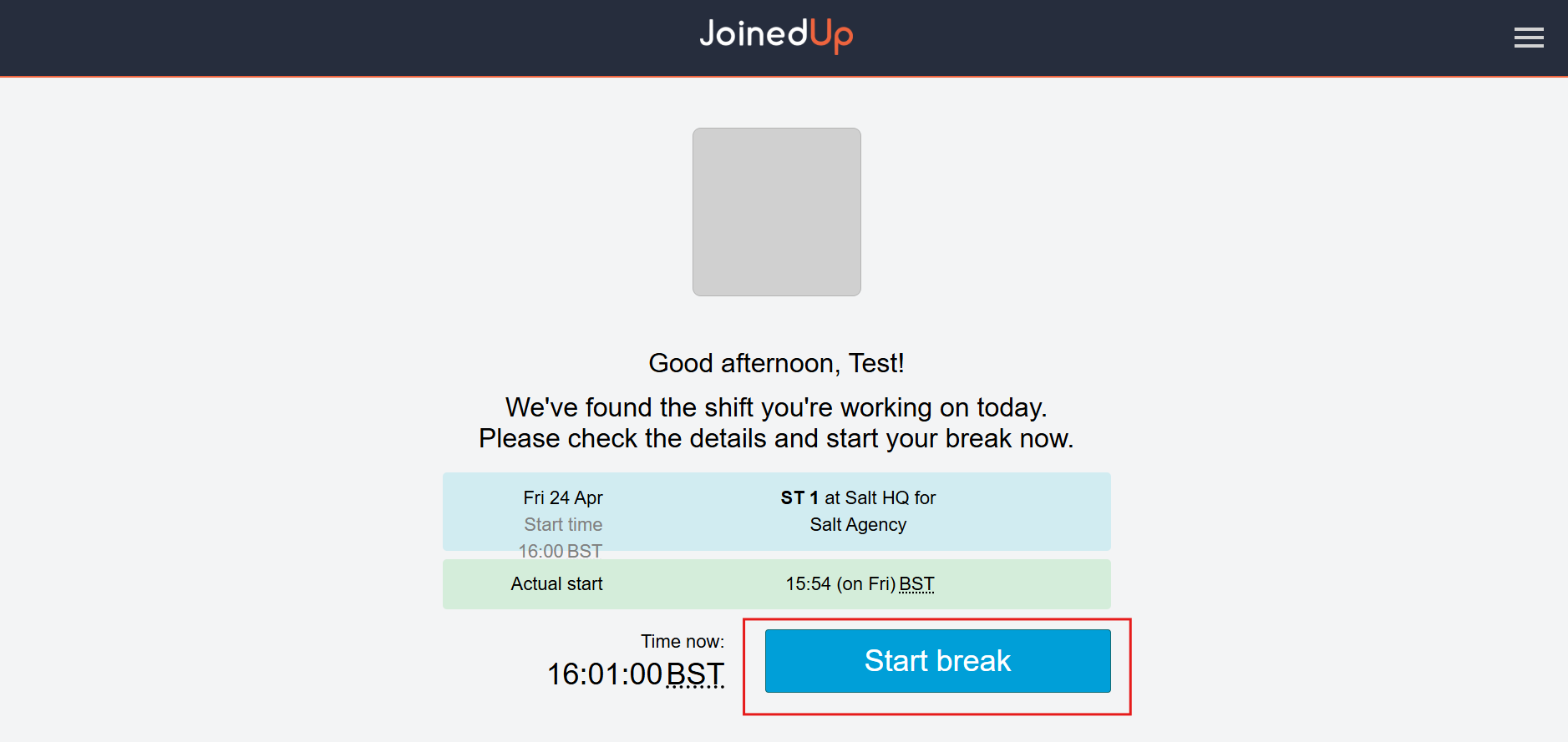T&A tablet showing the clock-out button to start a break