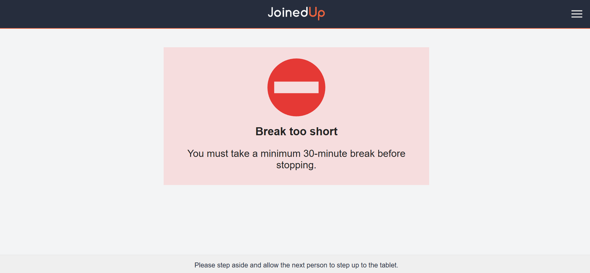 Error message shown when attempting to clock out before 30-minute break is complete