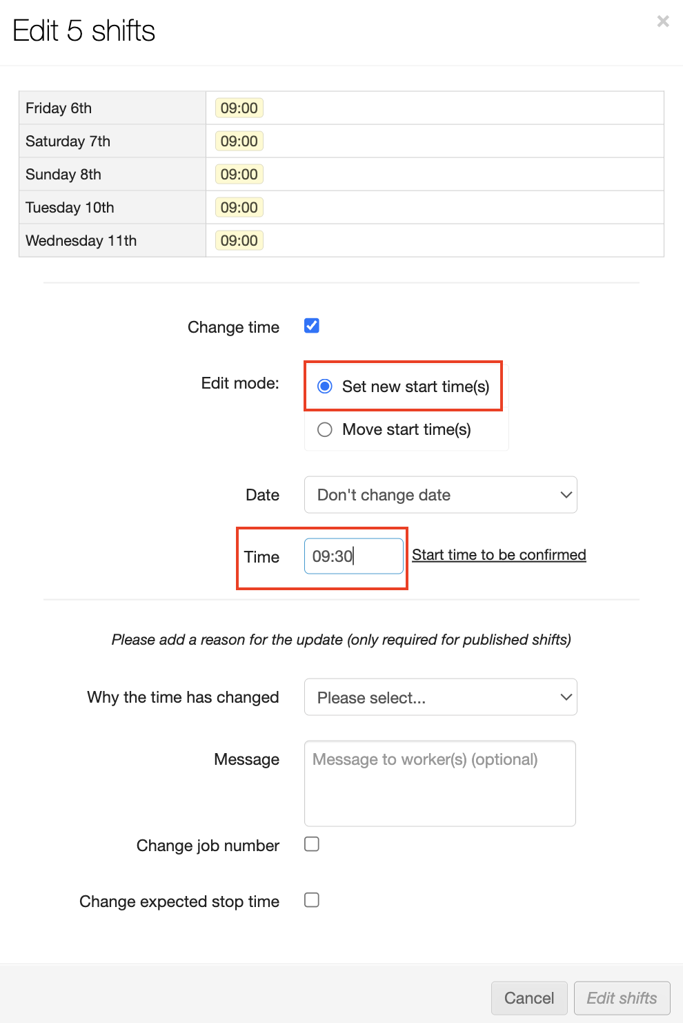 change multiple planned start times 4