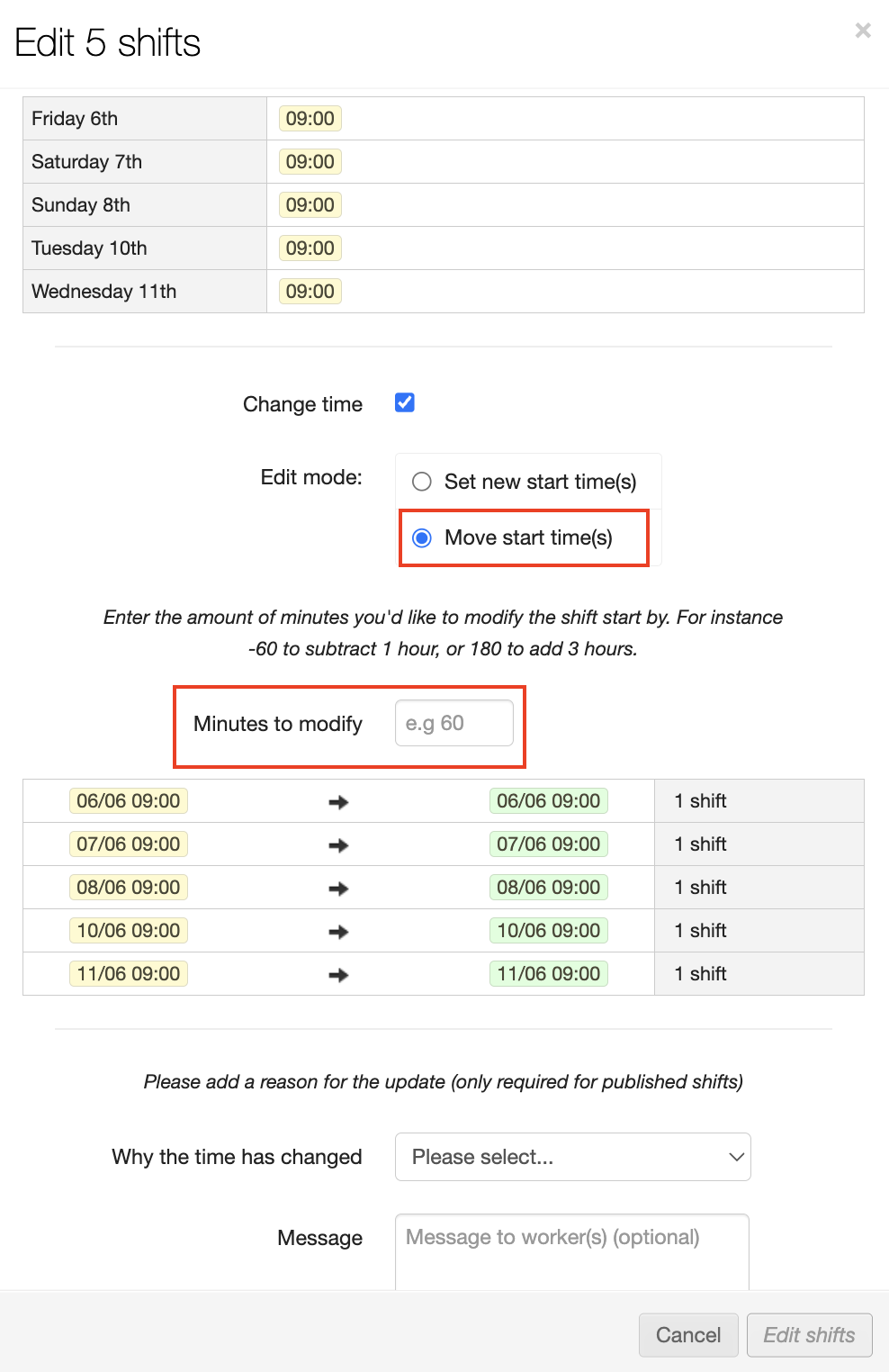 change multiple planned start times 5