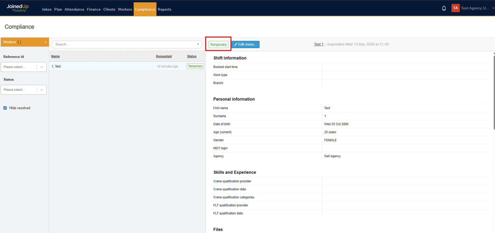 Compliance screen showing Temporary status