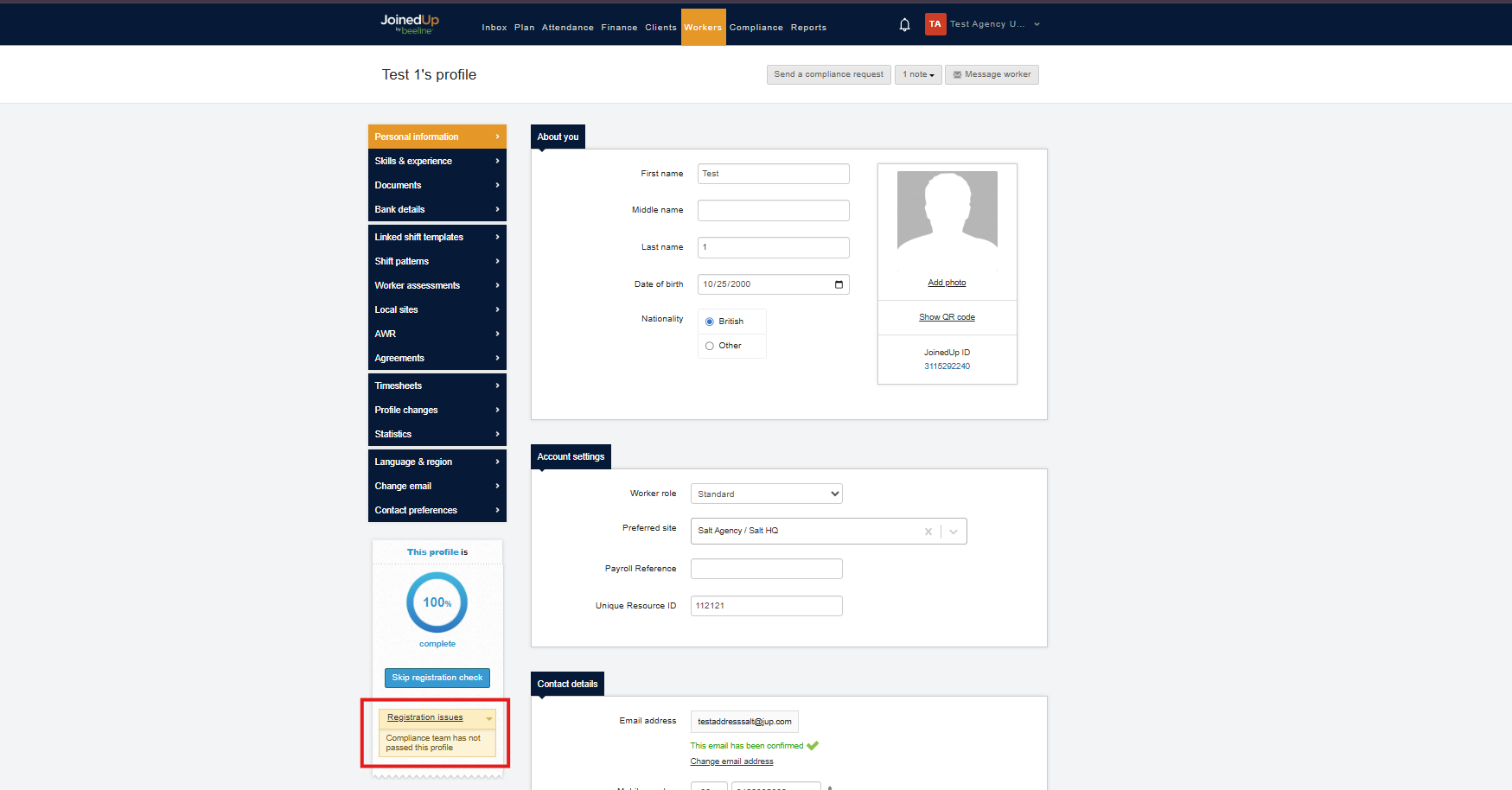 Worker profile showing missing compliance in the lower left panel
