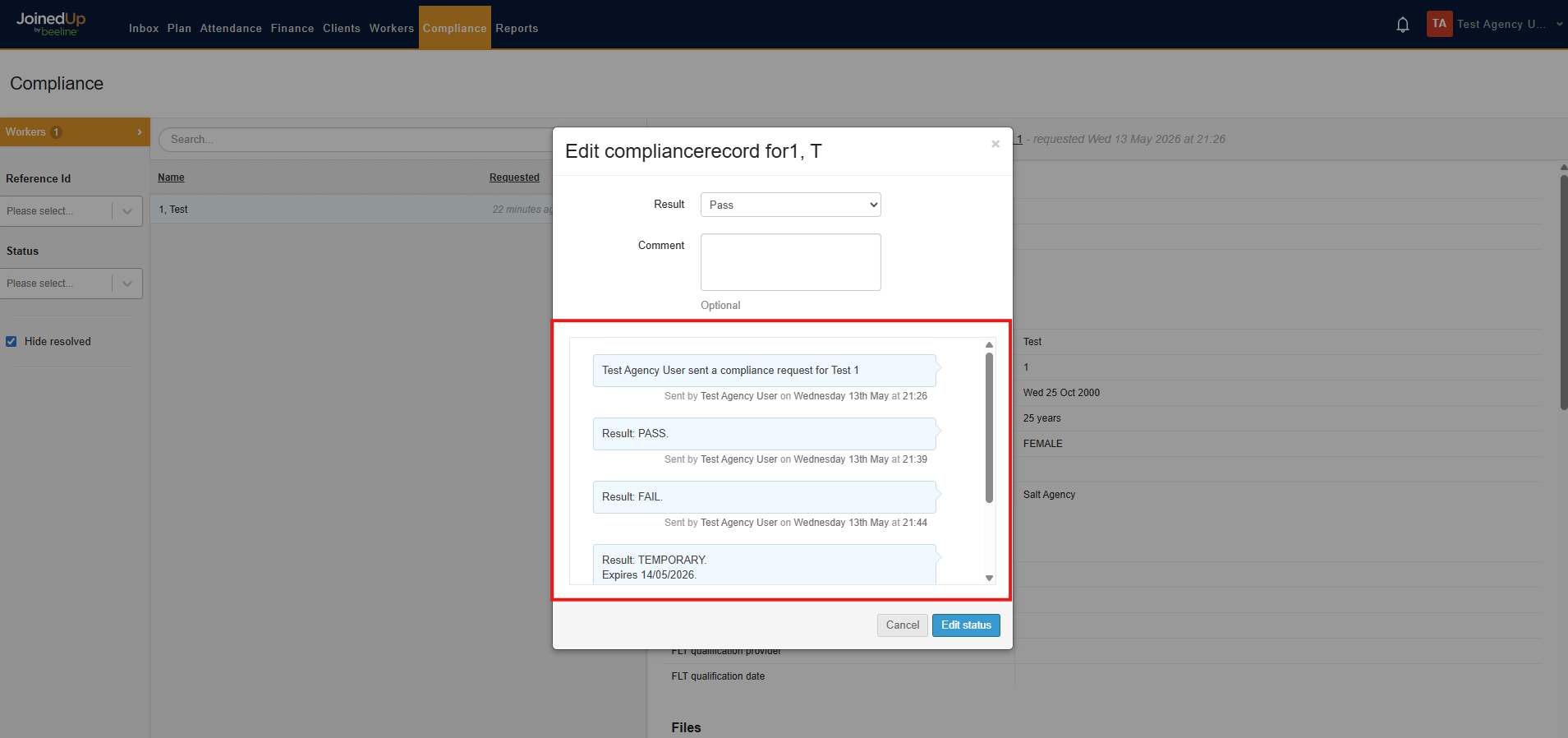 Compliance validation history panel