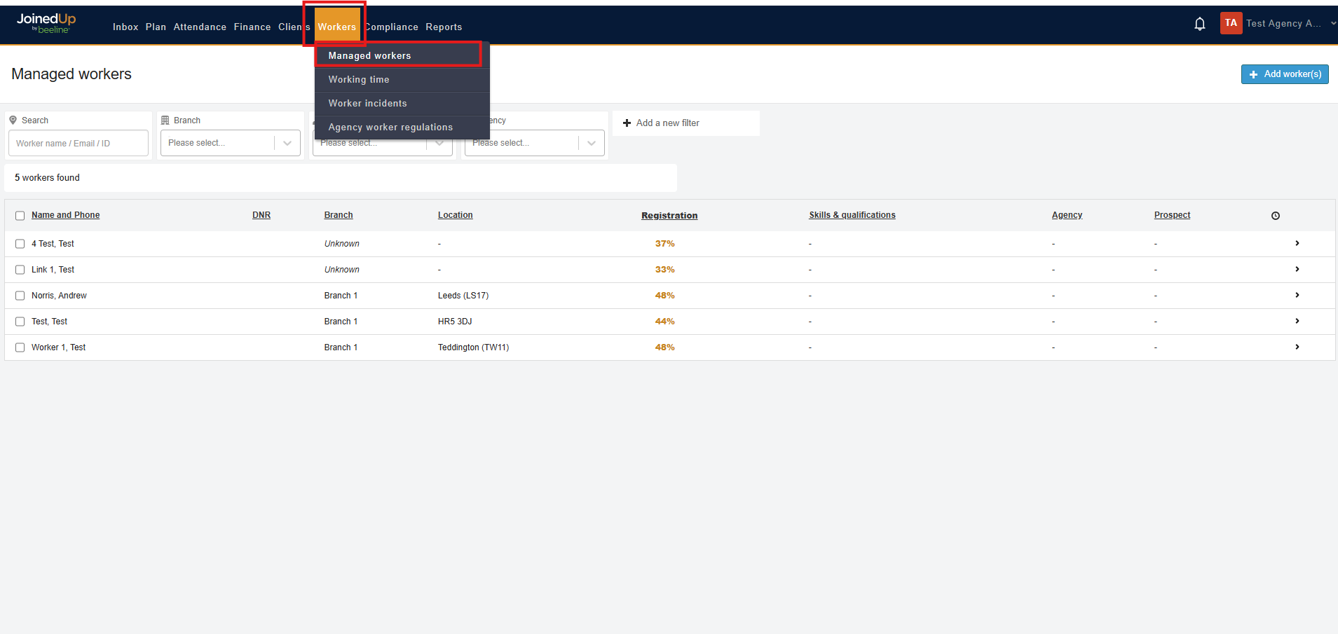 Managed Workers screen with worker search