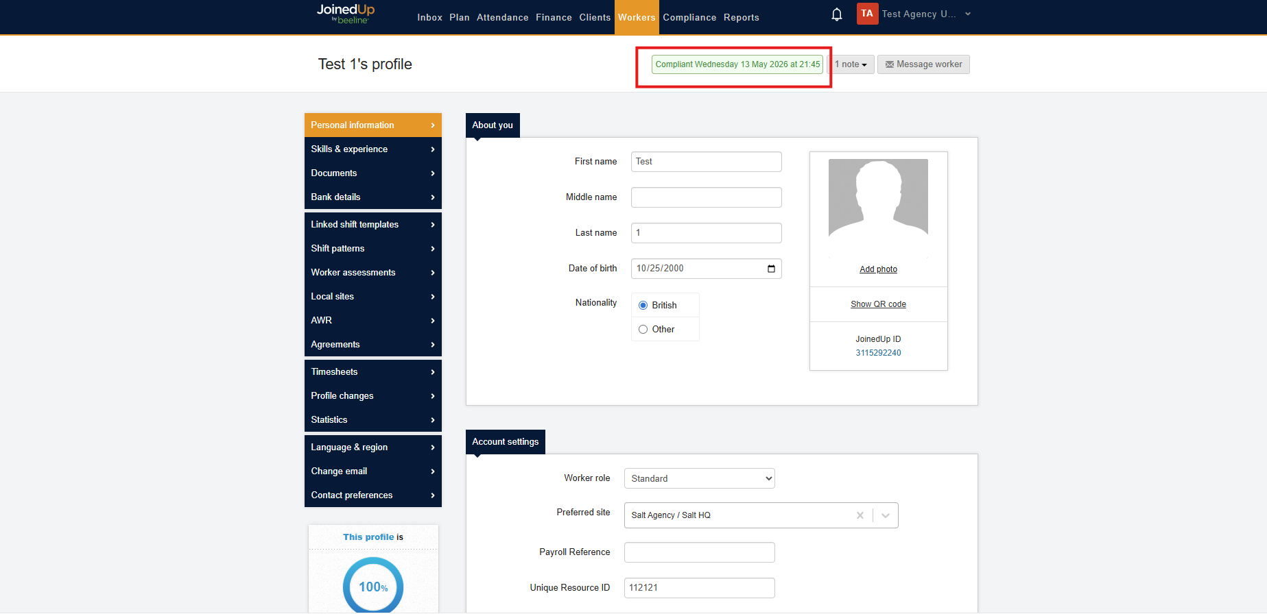 Worker profile showing Compliant status for a Temporary Pass