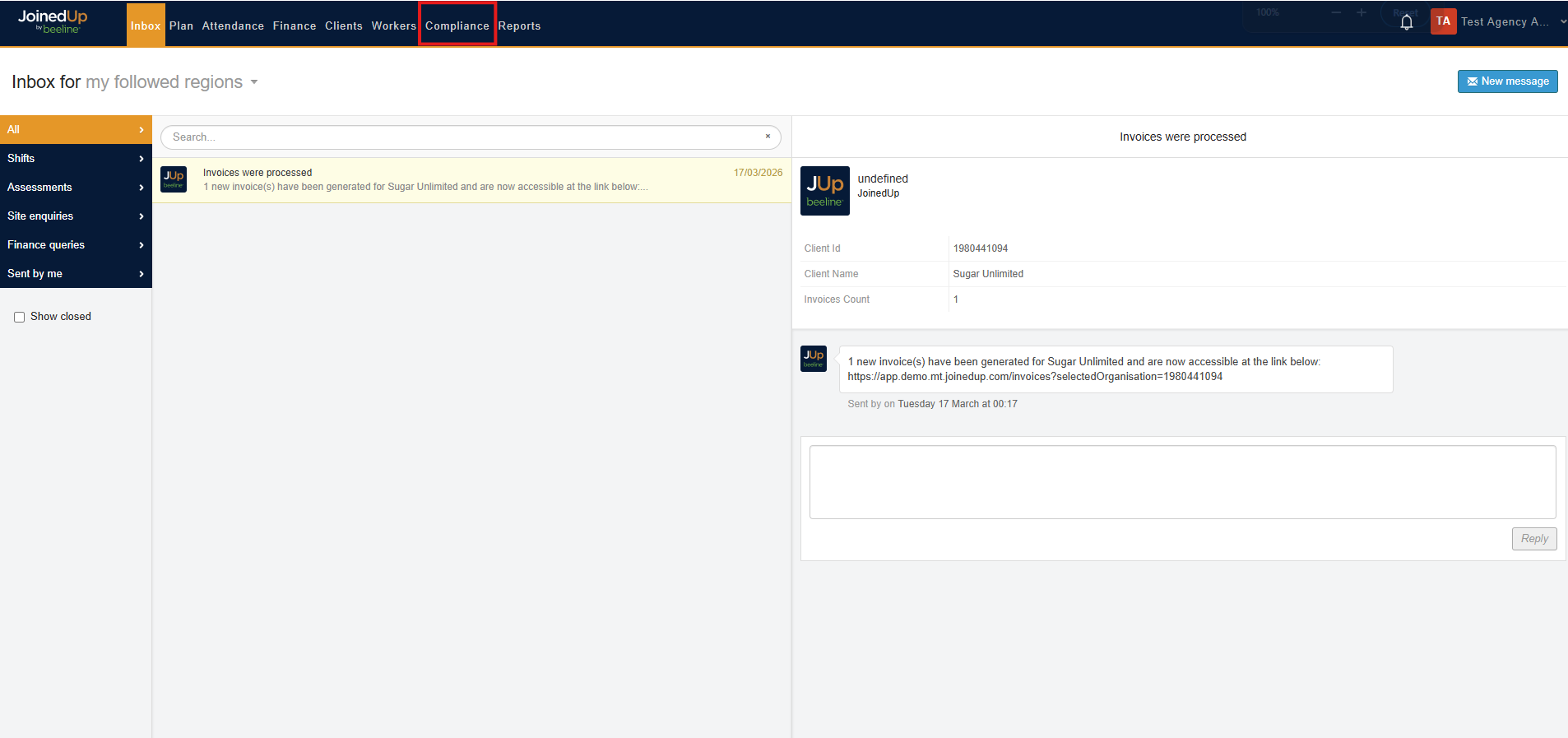 Compliance tab visible in the navigation
