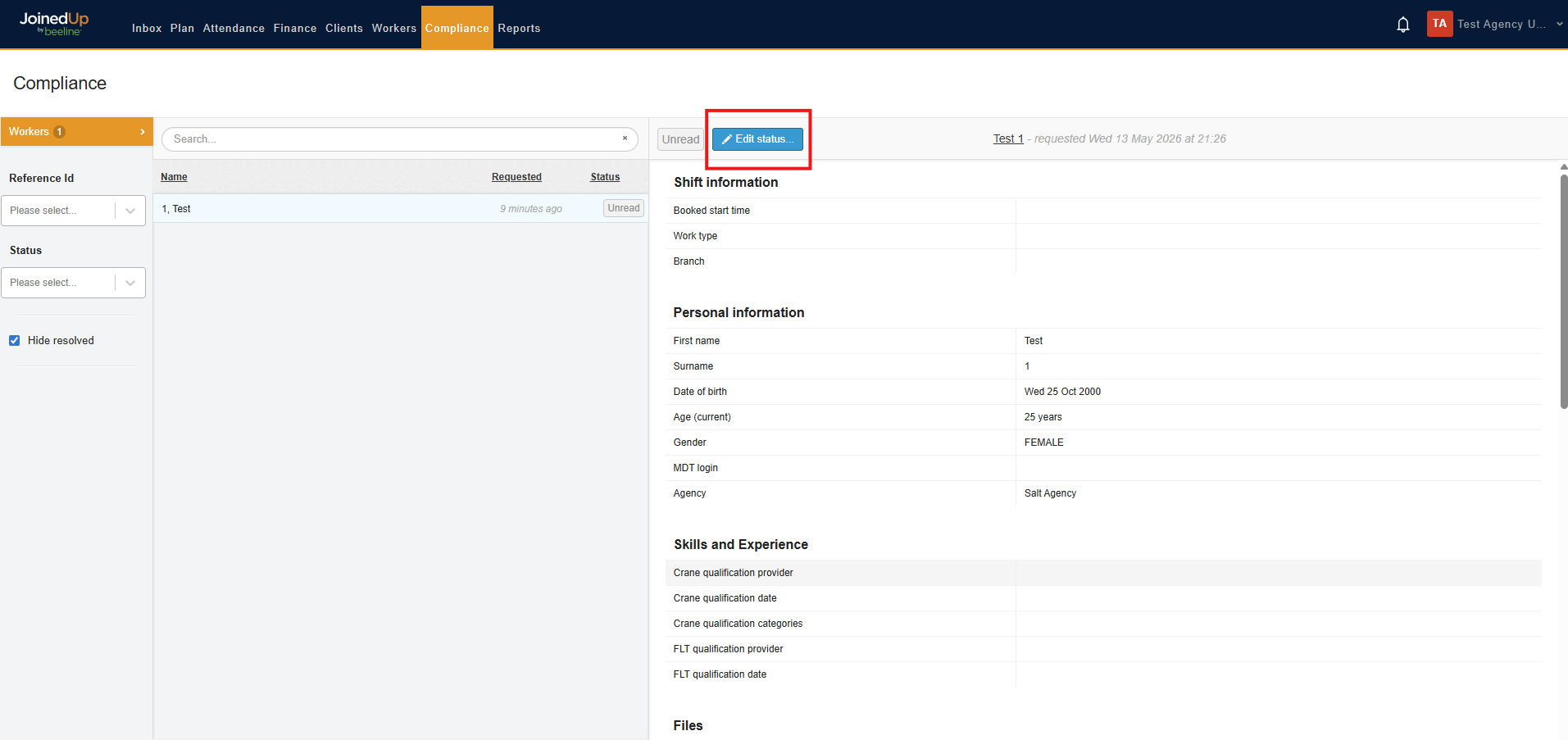 Edit Status button on the compliance detail view