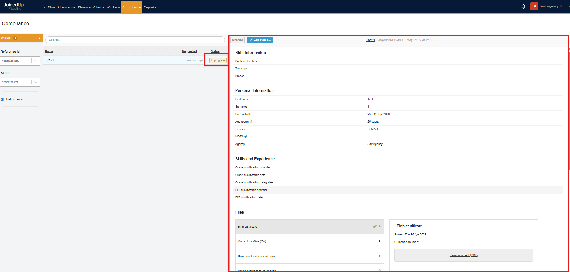 Worker compliance detail view showing In Progress status and documents