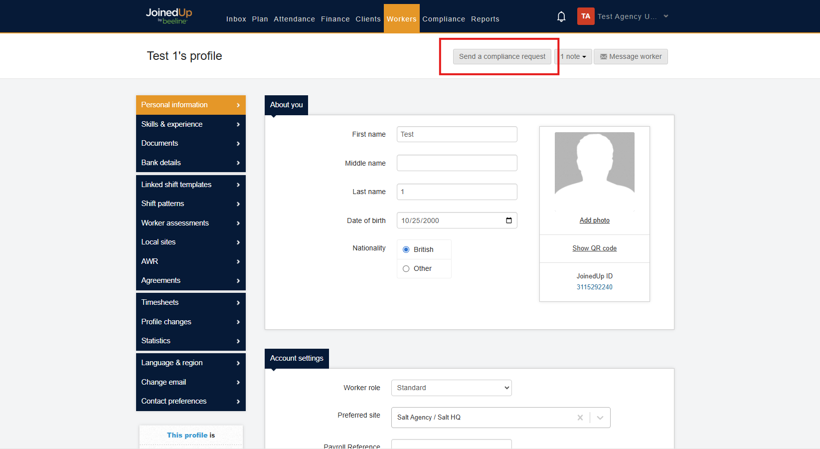 Compliance Request button at the top of the worker profile