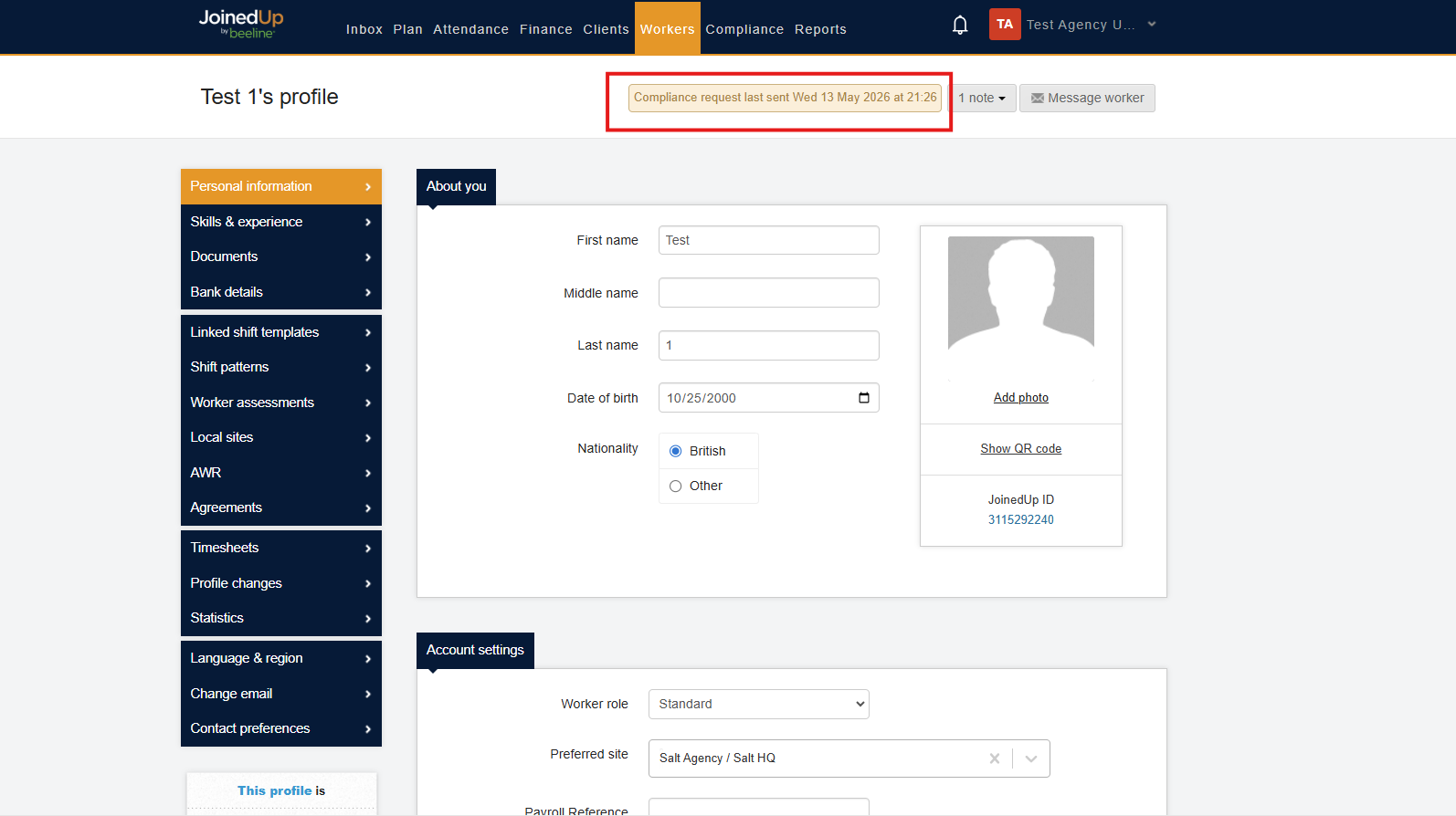Worker profile showing compliance request date
