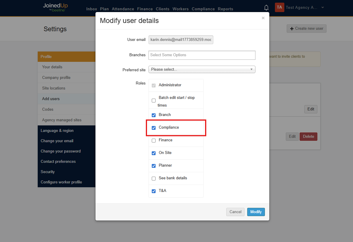 Compliance role settings in the Add Users tab