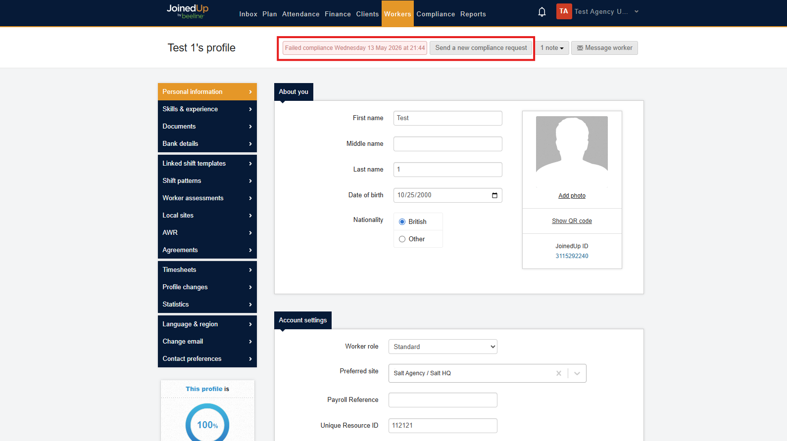 Worker profile showing Failed compliance status with date and send request button