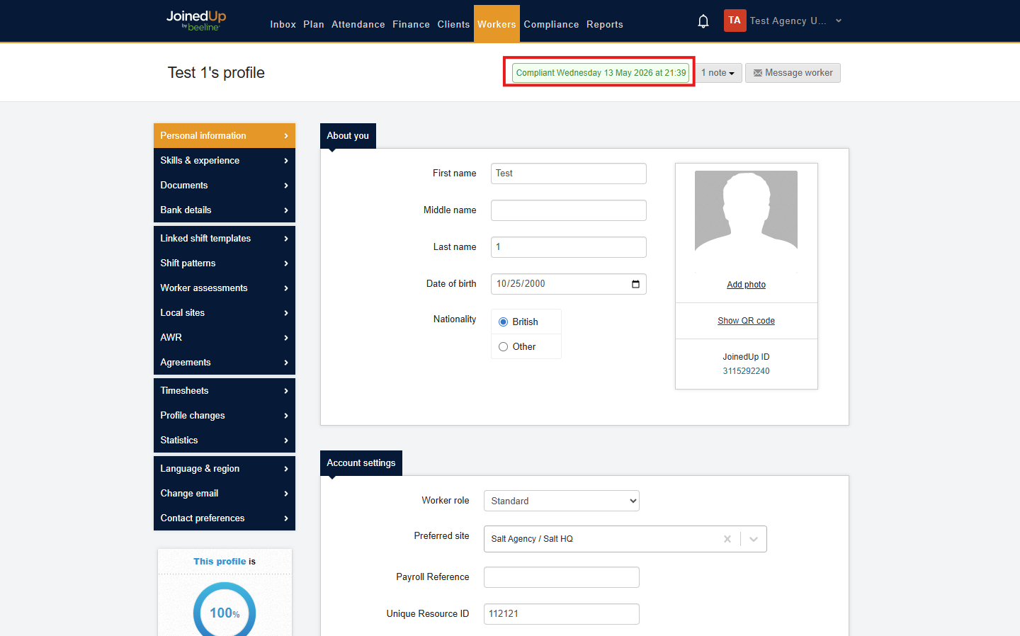 Worker profile showing Compliant status with date