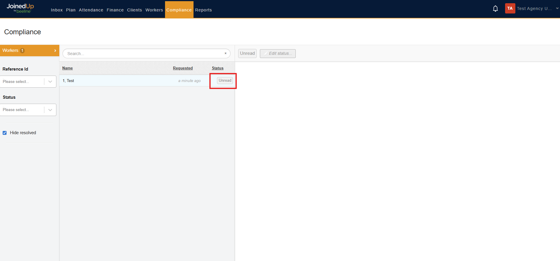 Compliance tab showing workers with Unread status