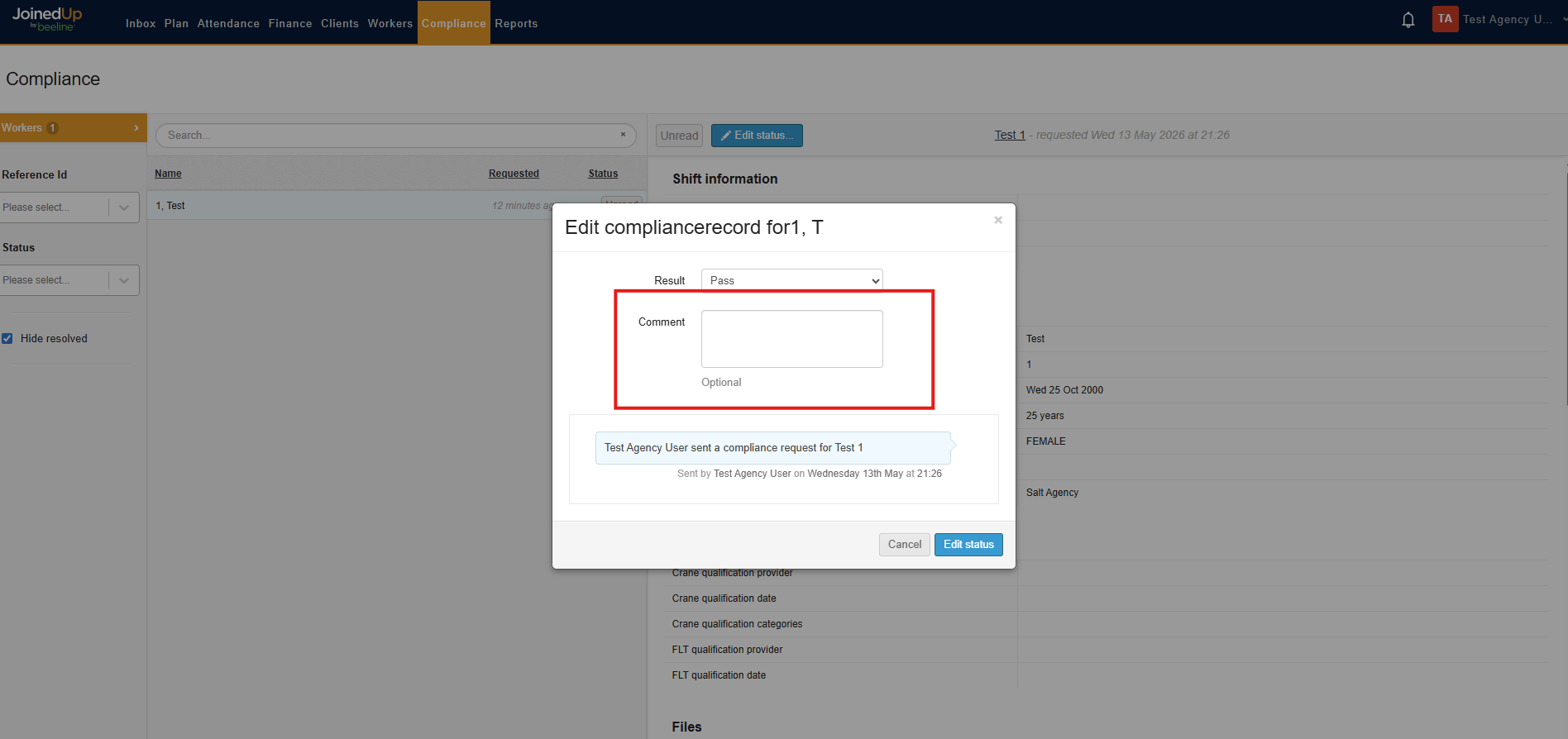 Comment field on the compliance status screen