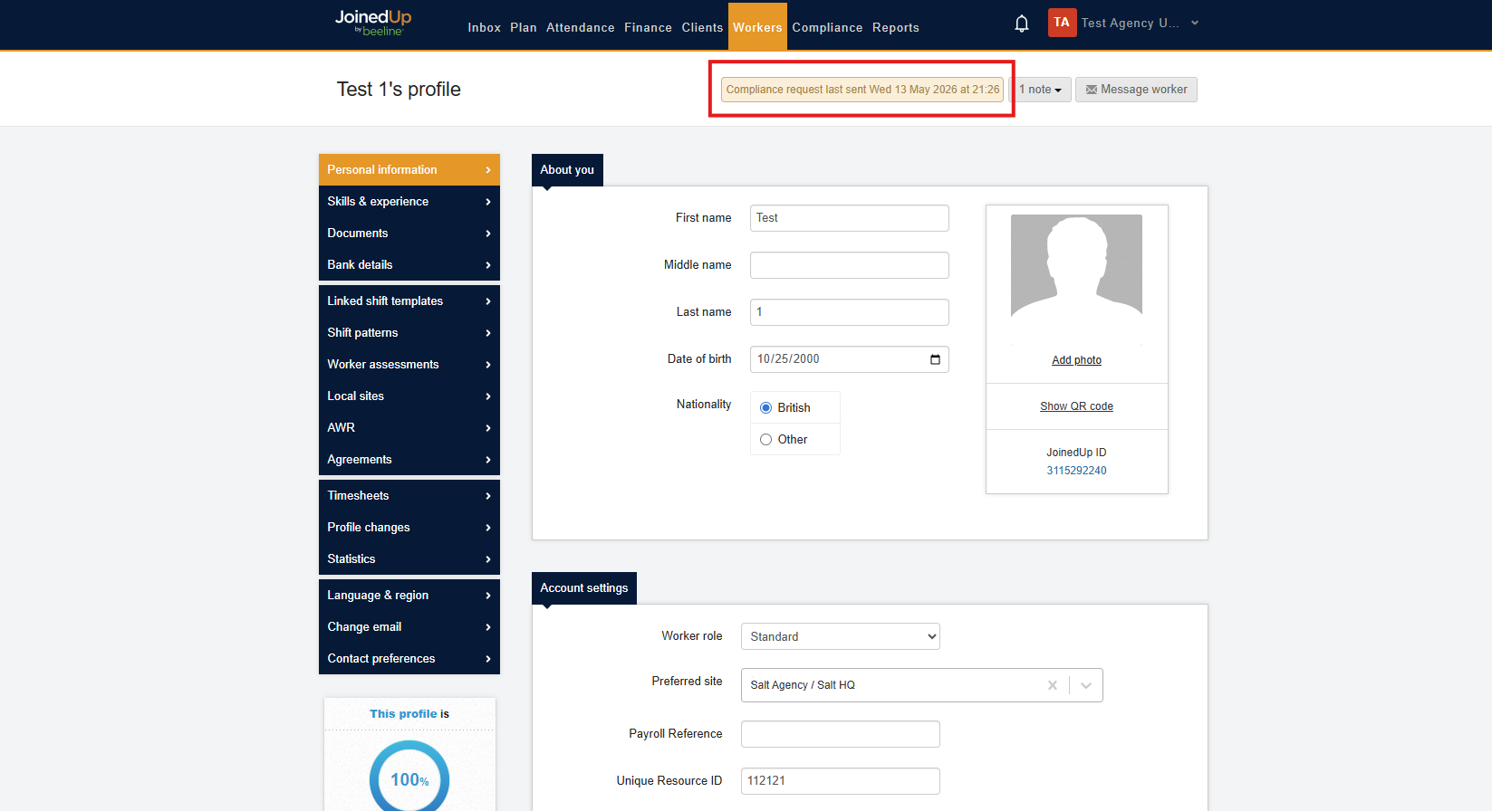 Worker profile showing compliance request date for Pending status