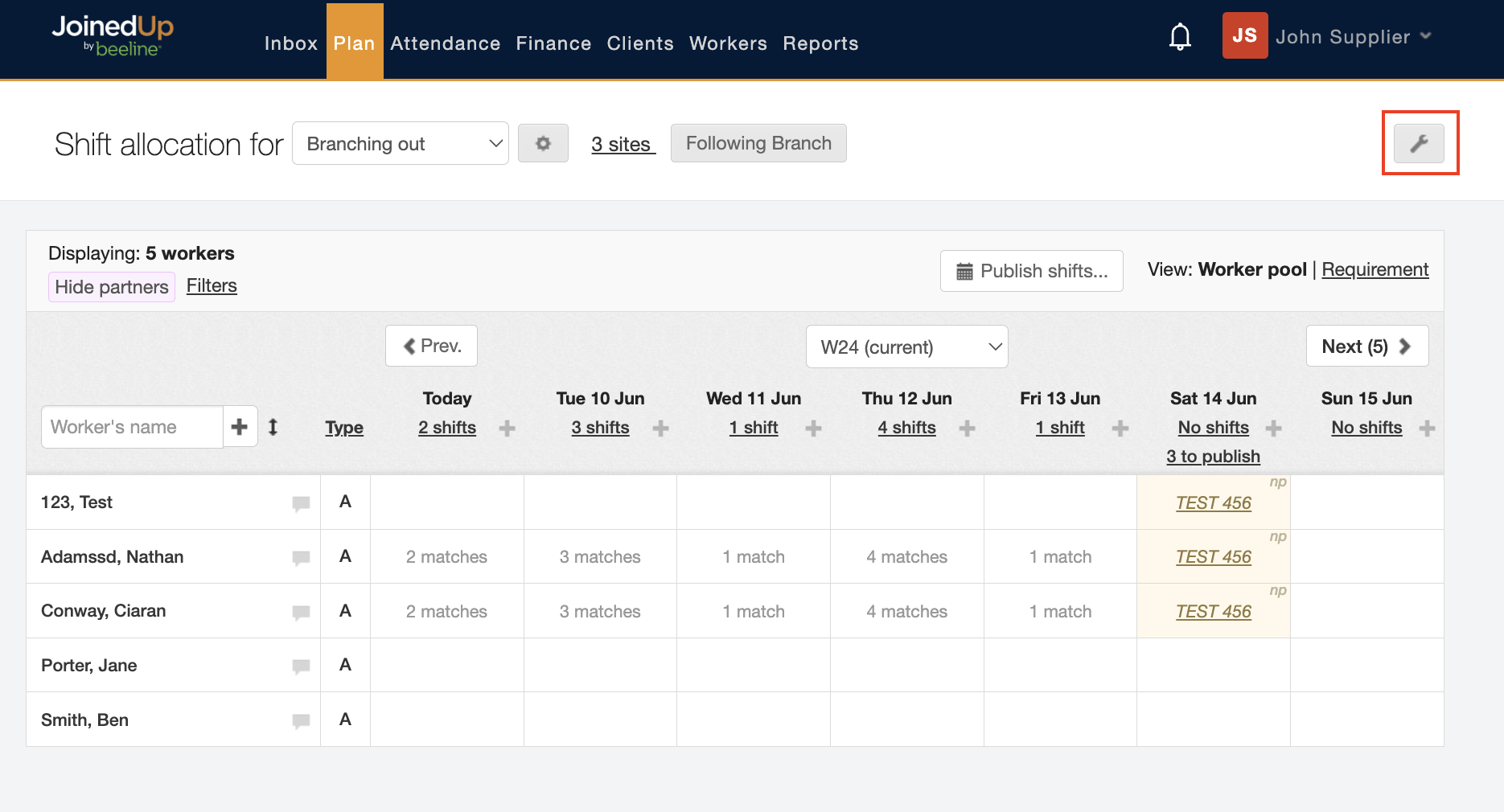 copying shifts on the branch allocation screen 1