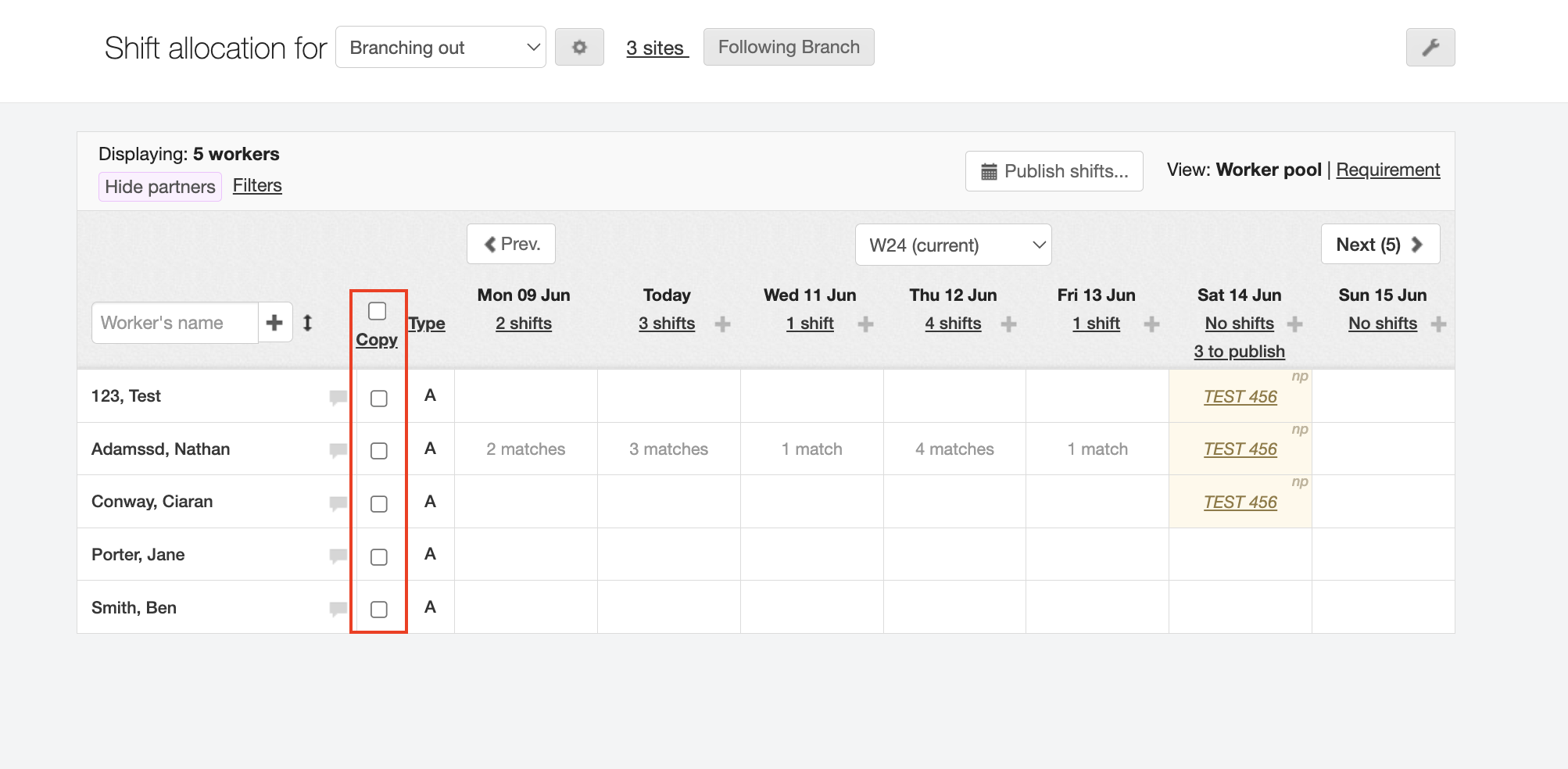 copying shifts on the branch allocation screen 3