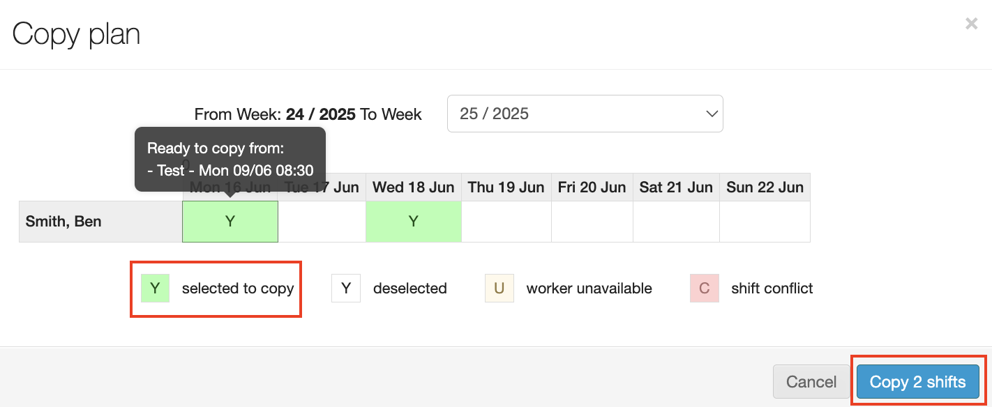copying shifts on the branch allocation screen 6