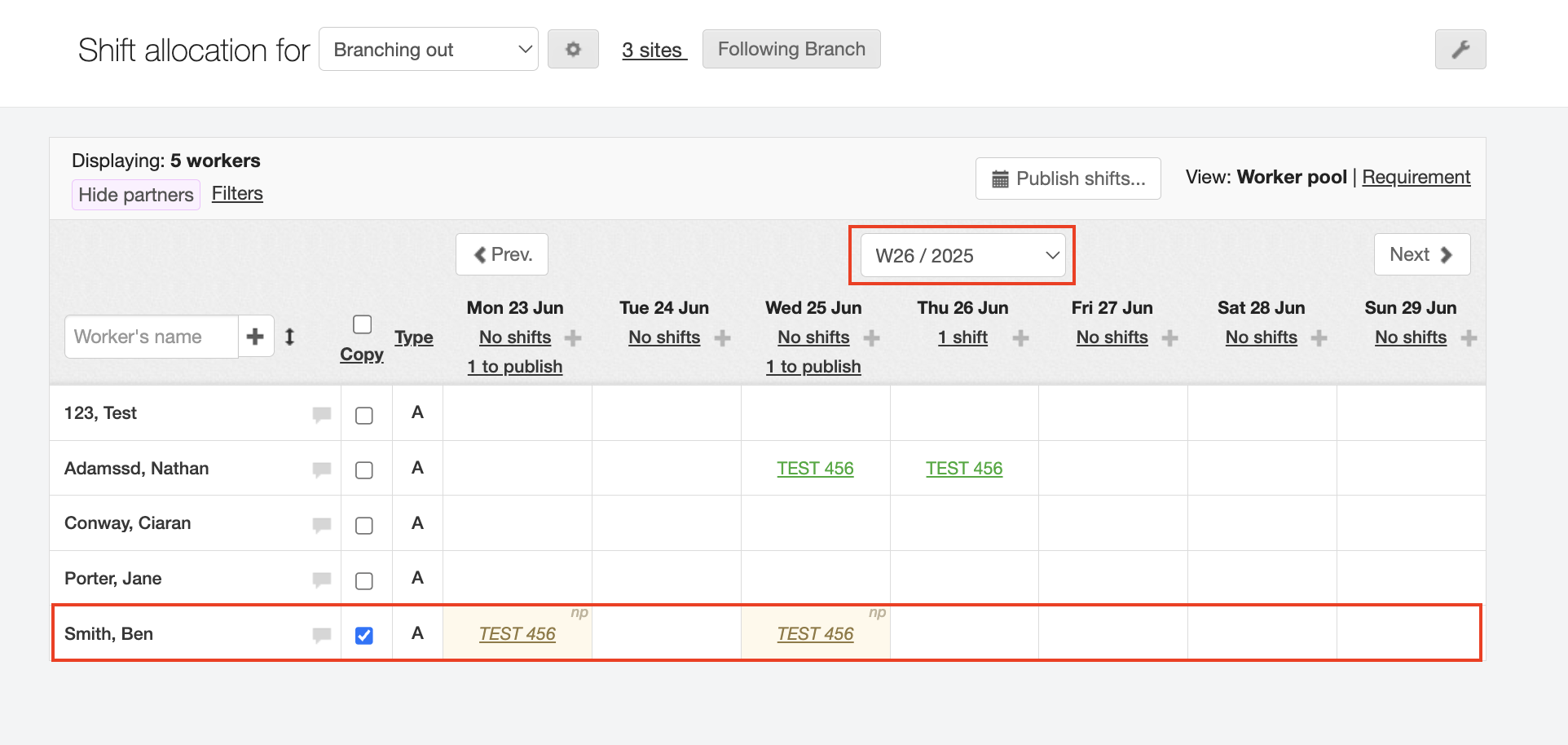 copying shifts on the branch allocation screen 7