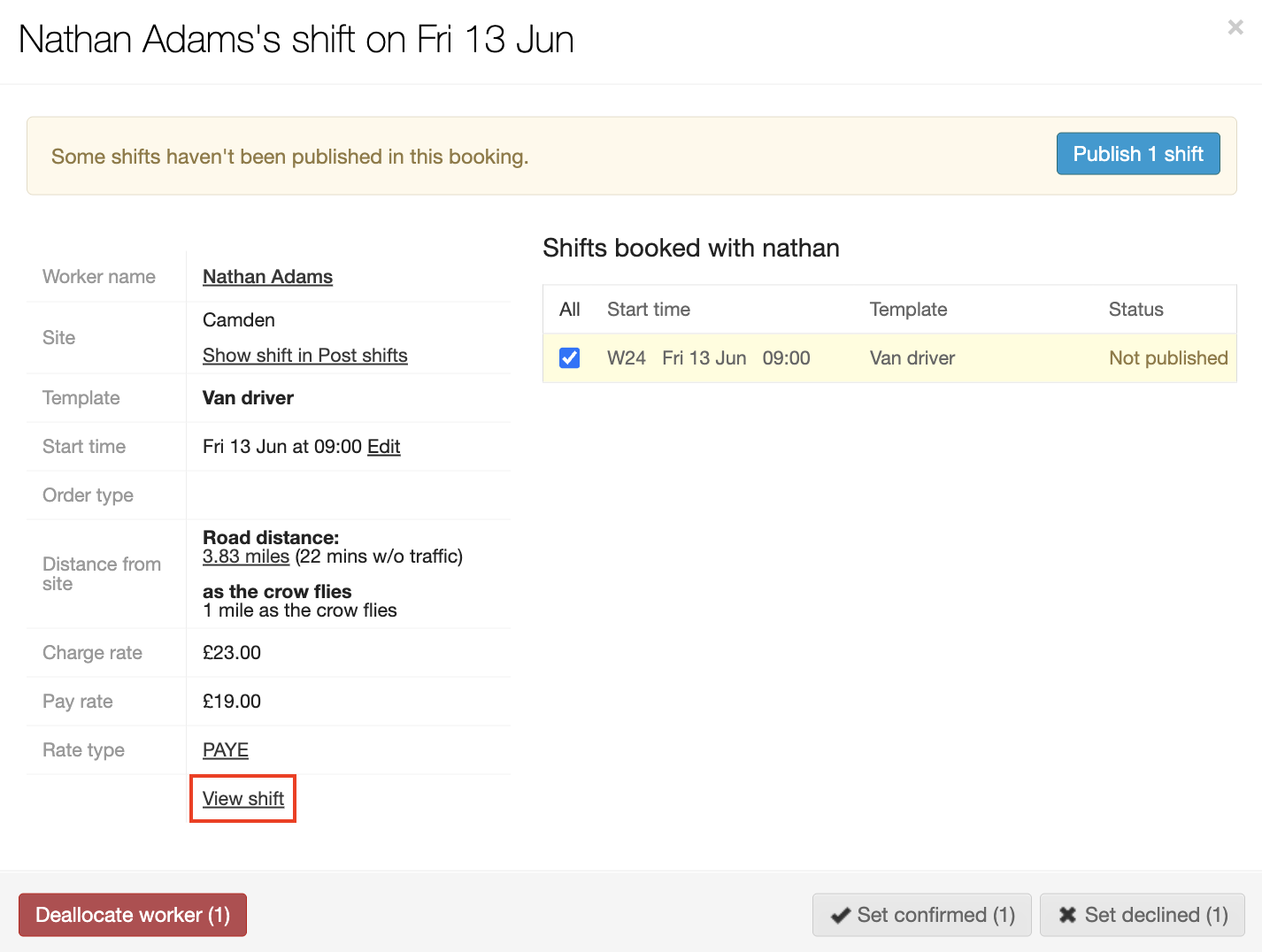 deallocate worker or cancel shift 1