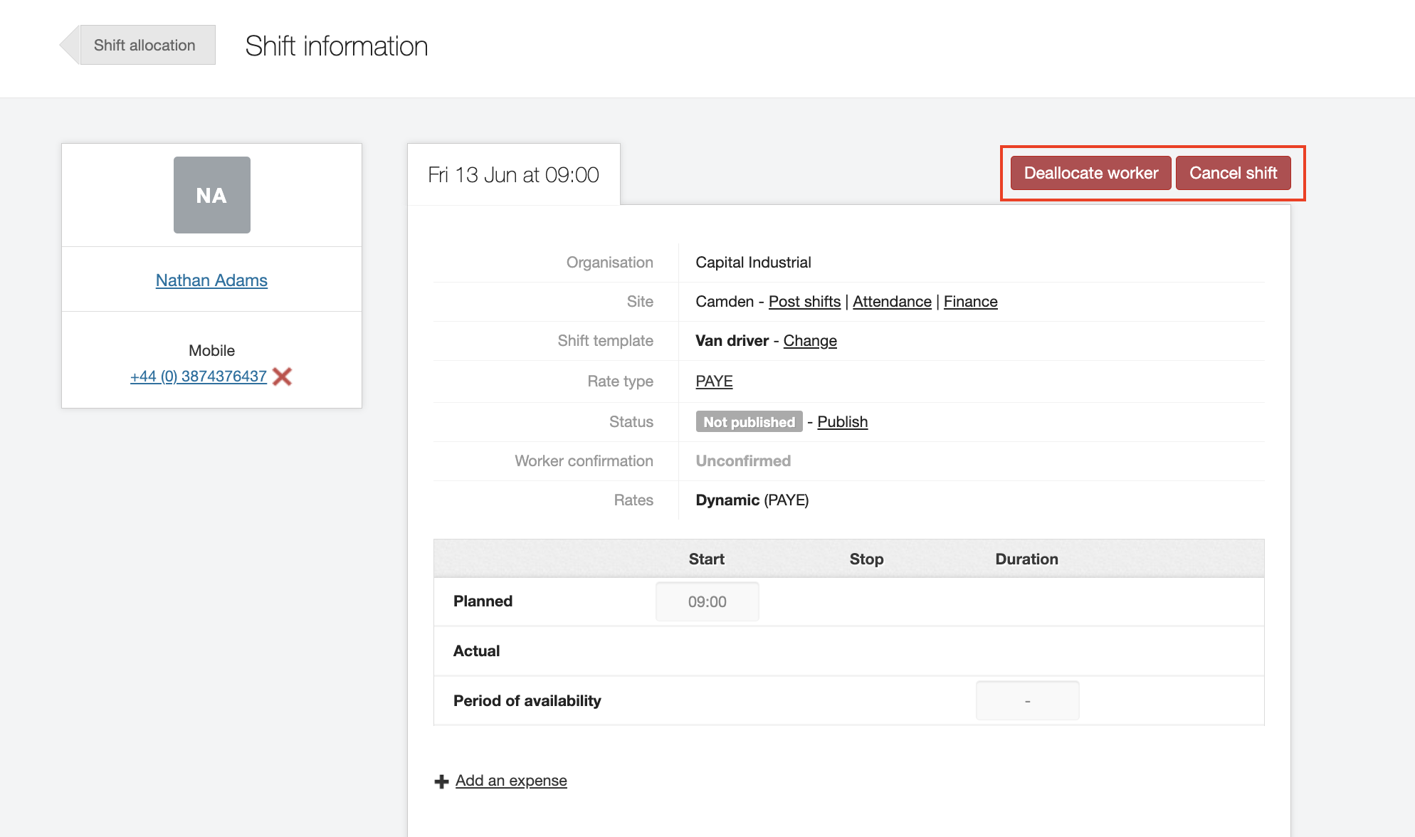 deallocate worker or cancel shift 2