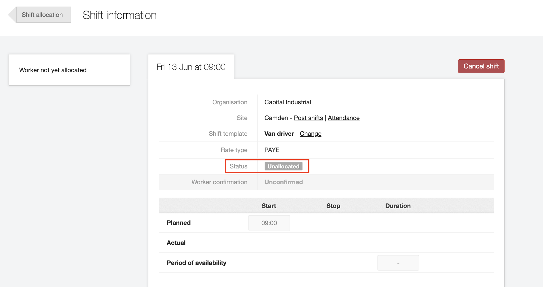 deallocate worker or cancel shift 4