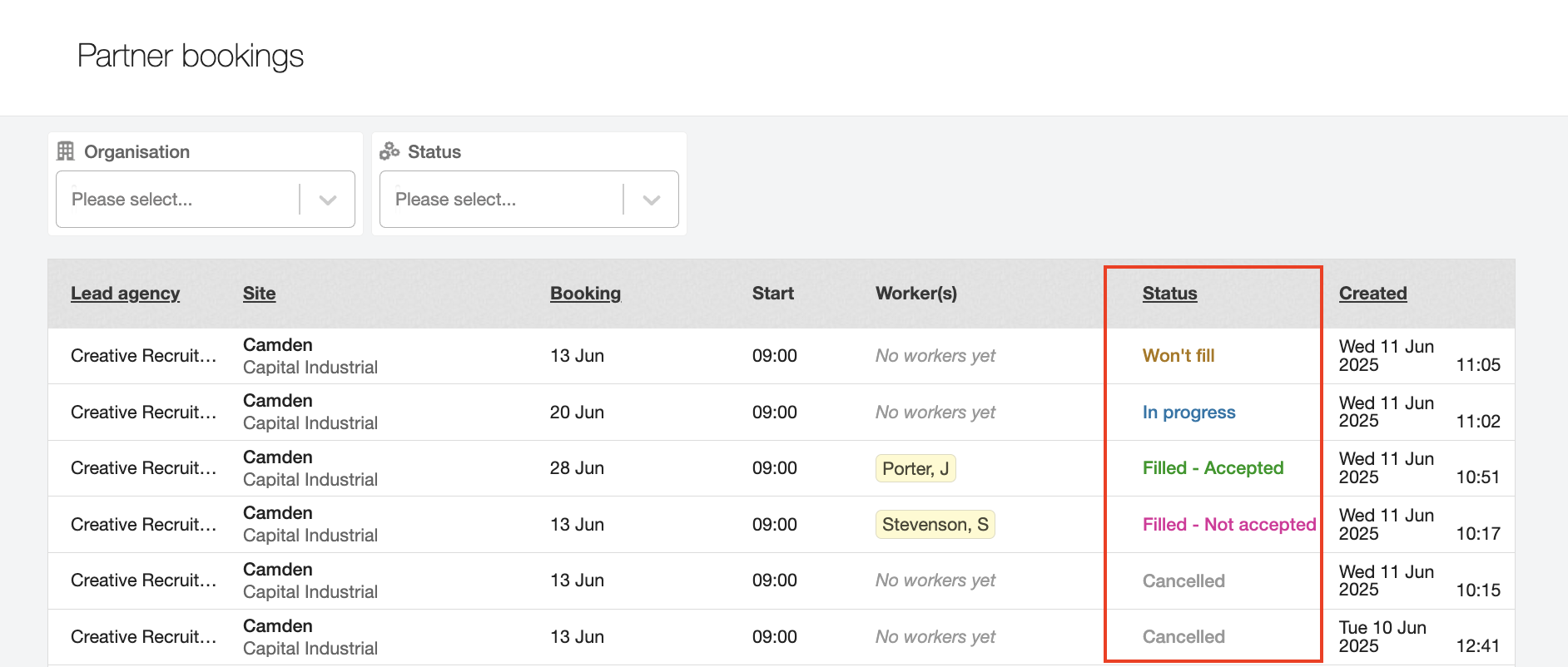 different statuses booking screen