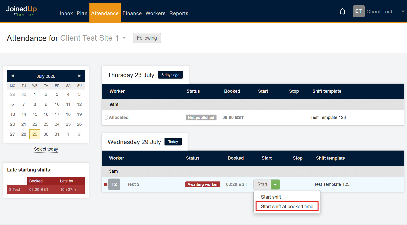 Start shift at booked time option